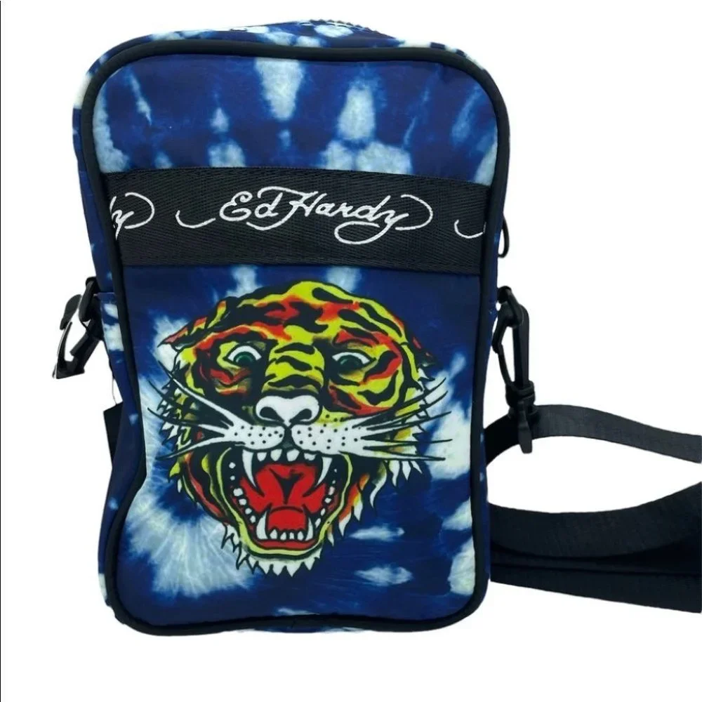 Ed Hardy Blue Tie Dye Tiger Crossbody Bag Messenger Festival Travel Bag NEW‎